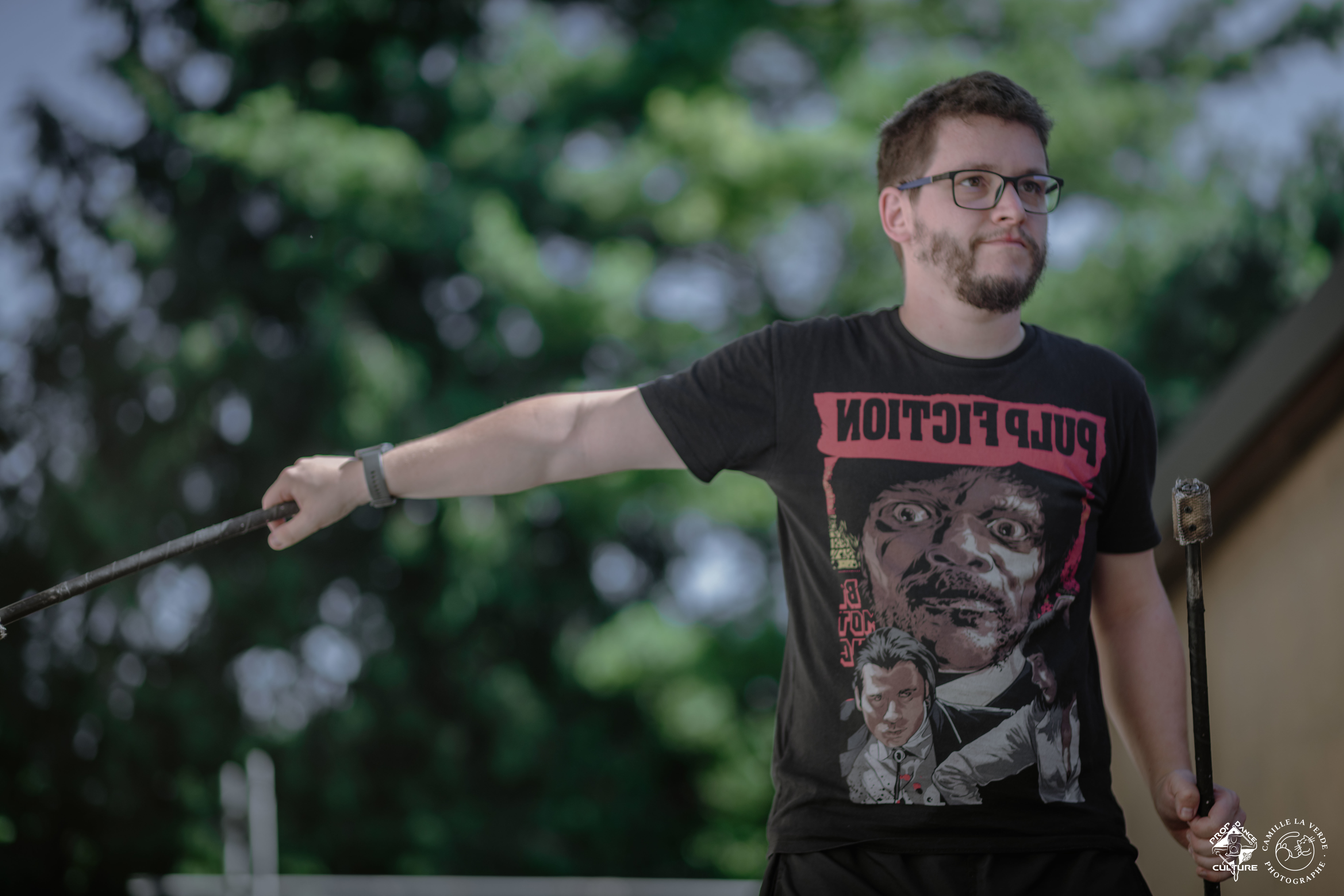 Matěj practicing movement with staffs